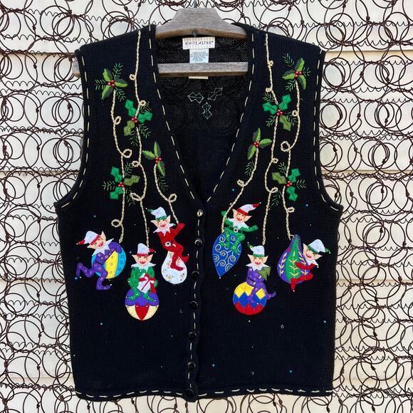 VTG Y2K White Stag Ugly Christmas Elves Wrecking Ball Ornament Sweater Vest MED - Picture 1 of 5